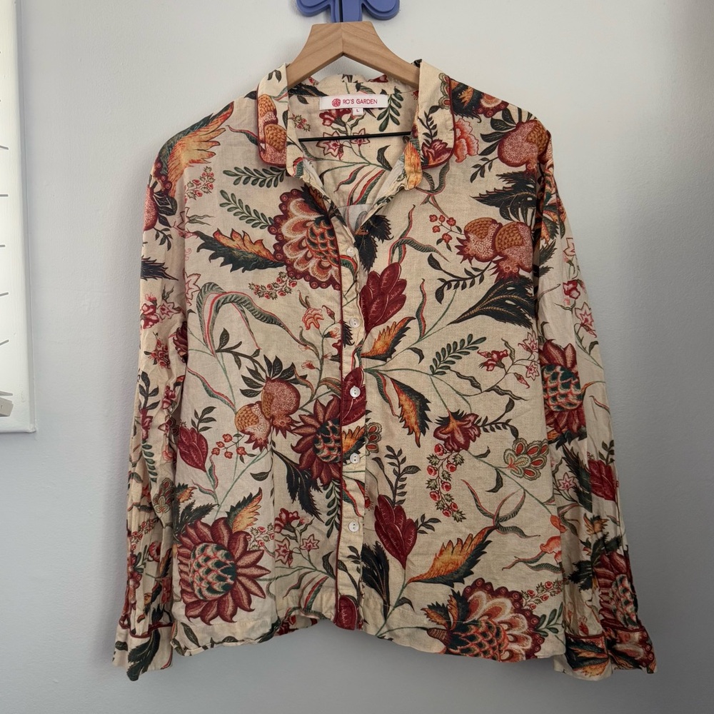 Ro’s Garden Large Floral Viola Pajama Shirt Long Sleeve Tan Red Fall Boho